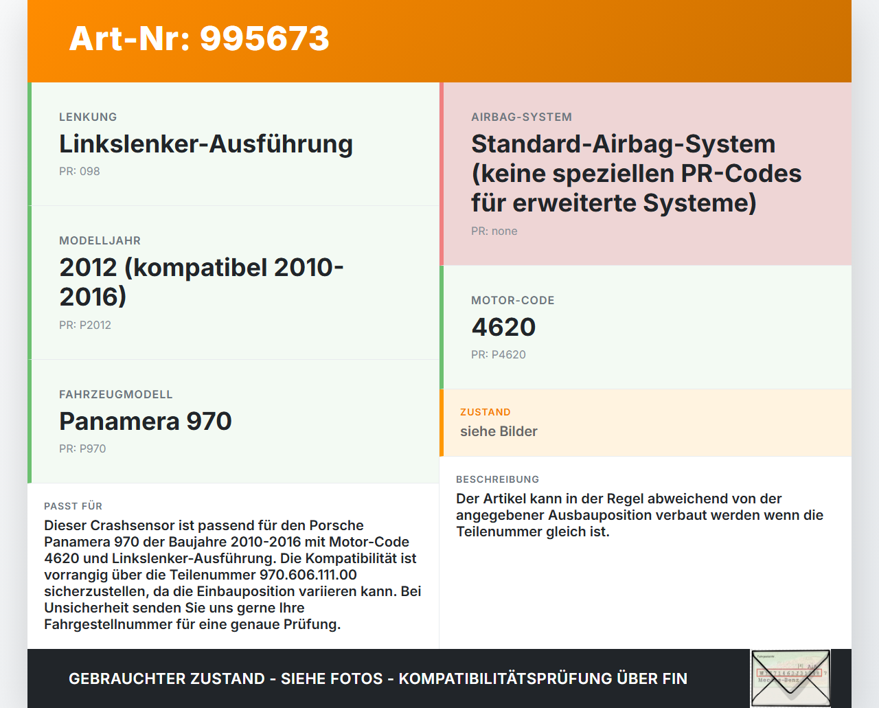 Porsche Panamera 970 10-16 Sensor für Airbag Crashsensor Airbagsensor Porsche Panamera 970 10-16 19.08.2011... Vorschau 3