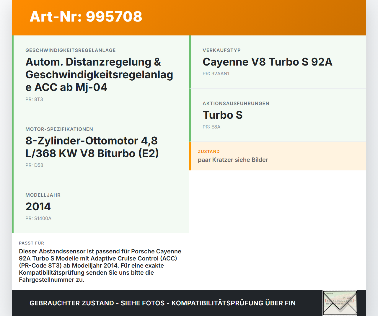 Porsche Cayenne 92A Turbo S Abstandssensor Radar Distronic Porsche Cayenne 92A Turbo S 20.06.2014 95860508512... Vorschau 3