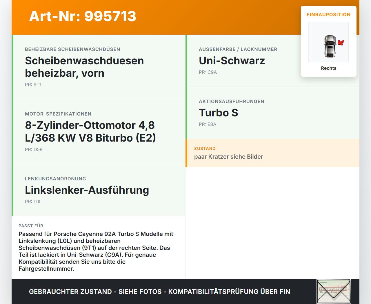 Porsche Cayenne 92A Turbo S Waschdüse für Windschutzscheibe WS Rechts beheizt Porsche Cayenne 92A Turbo S... Vorschau 3