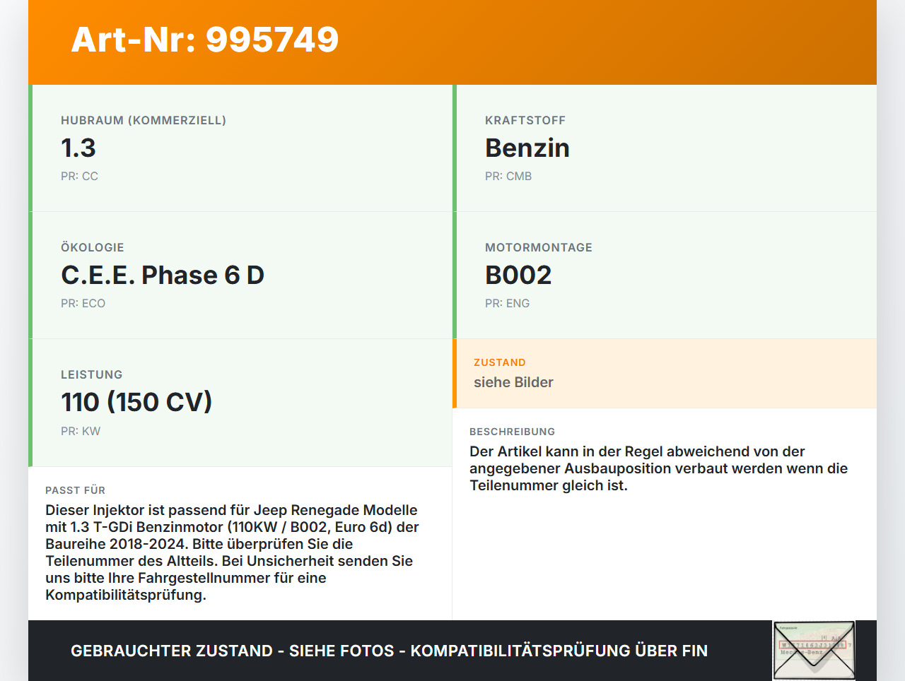 Jeep Renegade 18-24 T-GDi 1,3 110KW Injektor Einspritzdüse Zyl.2 Jeep Renegade 18-24 23.01.2019 IHP3421 gebraucht Vorschau 3