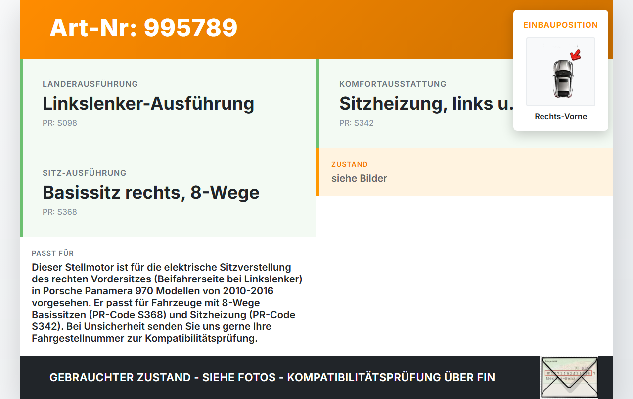 Porsche Panamera 970 10-16 Stellmotor für Elektr. Sitzverstellung Rechts Vorne Porsche Panamera 970 10-16... Vorschau 3