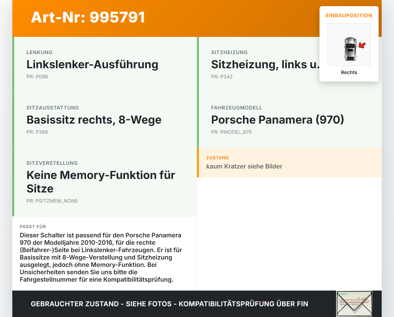 Porsche Panamera 970 10-16 Schalter Rechts für Sitzverstellung Porsche Panamera 970 10-16 19.08.2011 7PP959748M... Vorschau 3