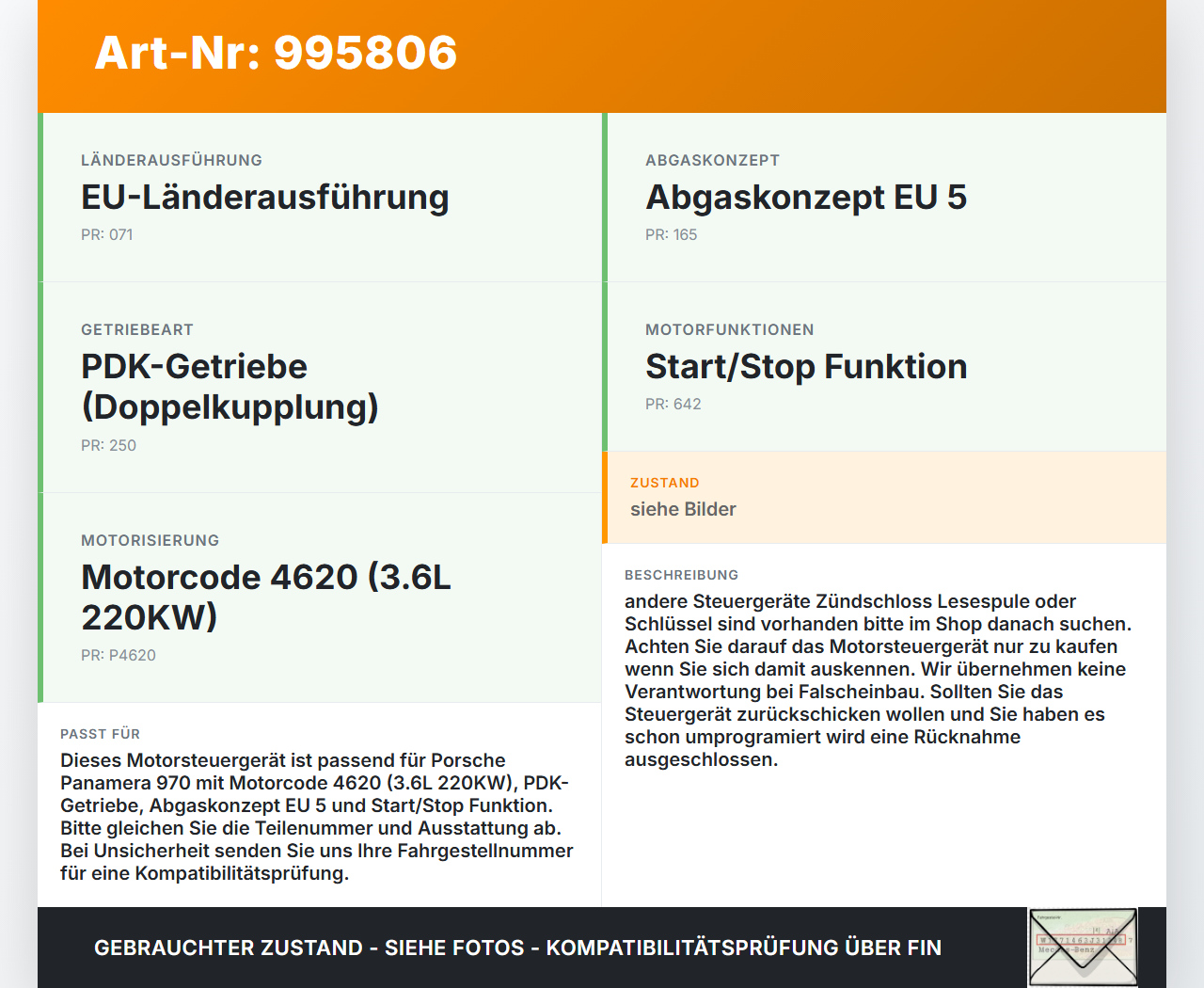 Porsche Panamera 970 10-16 3,6 220KW Steuergerät ECU für Motor Motorsteuergerät Porsche Panamera 970 10-16... Vorschau 3