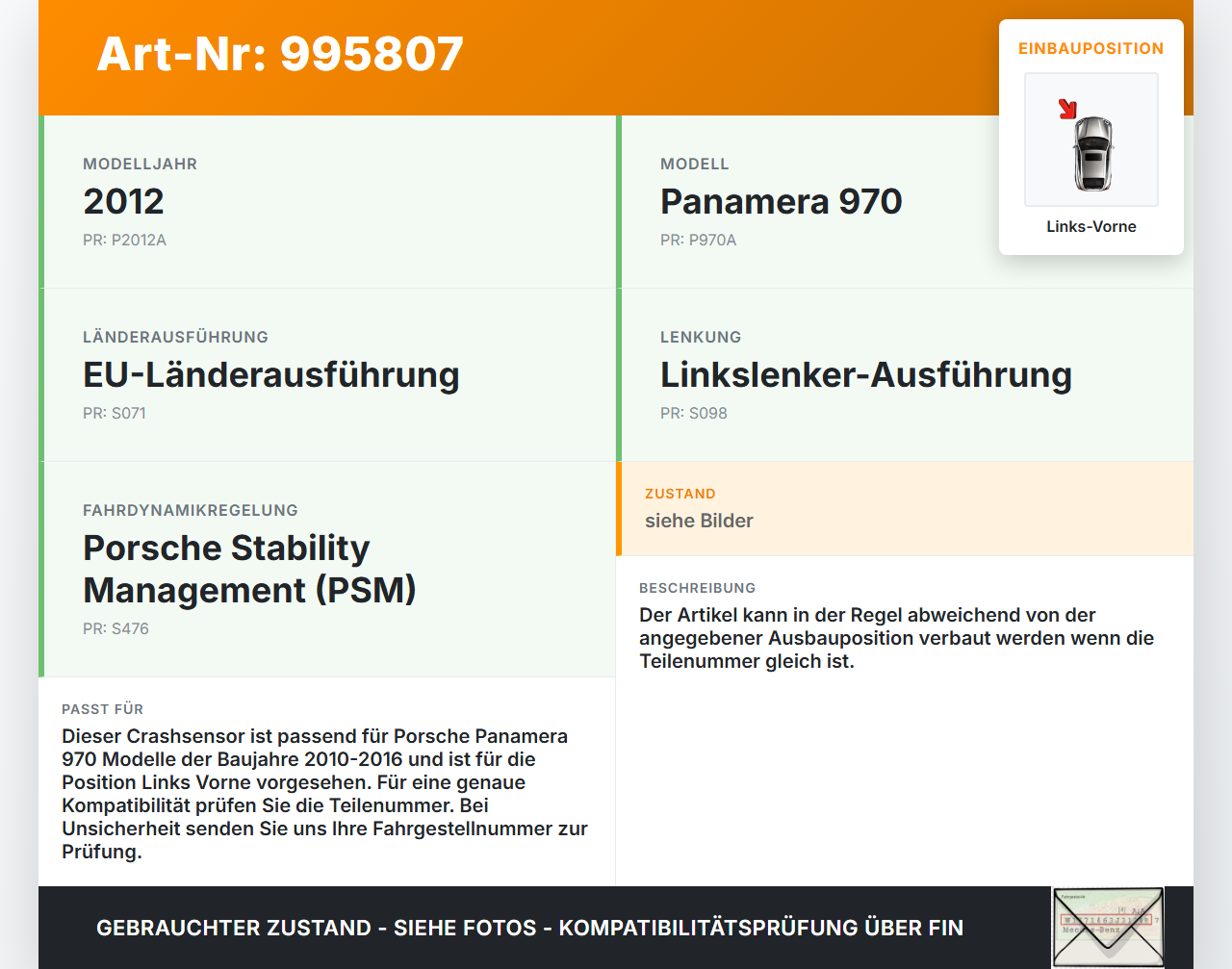 Porsche Panamera 970 10-16 Sensor für Airbag Crashsensor Airbagsensor Links Vorne Porsche Panamera 970 10-16... Vorschau 3