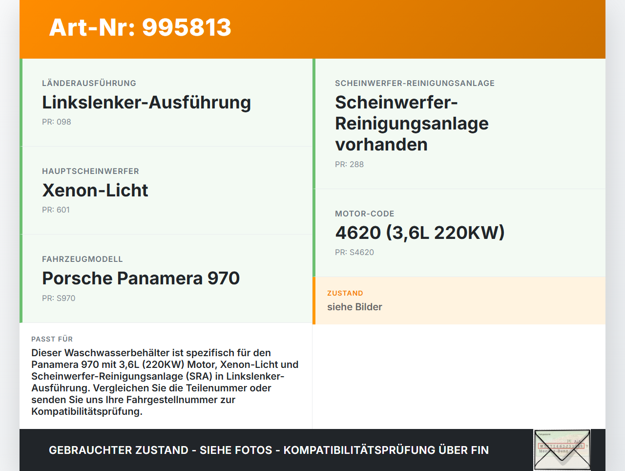Porsche Panamera 970 10-16 3,6 220KW Xenon Waschwasserbehälter Wasserbehälter Wischwasserbehälter Porsche Panamera... Vorschau 3