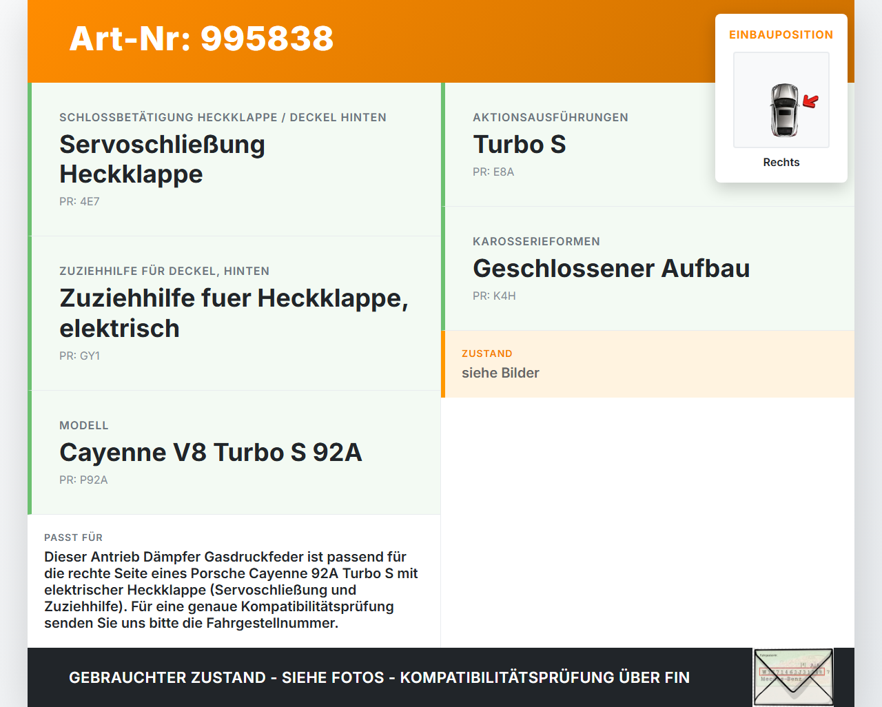 Porsche Cayenne 92A Turbo S Antrieb Dämpfer Gasdruckfeder für Heckklappe Rechts Porsche Cayenne 92A Turbo S... Vorschau 3