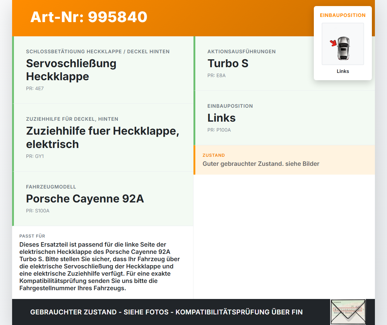 Porsche Cayenne 92A Turbo S Antrieb Dämpfer Gasdruckfeder für Heckklappe Links Porsche Cayenne 92A Turbo S... Vorschau 3