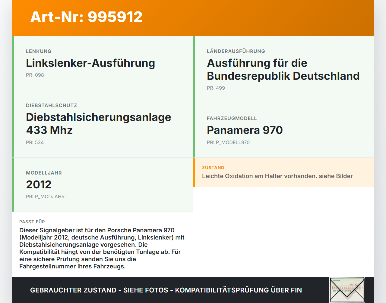 Porsche Panamera 970 10-16 Hupe Signalhorn Porsche Panamera 970 10-16 19.08.2011 97063511100 gebraucht Vorschau 3
