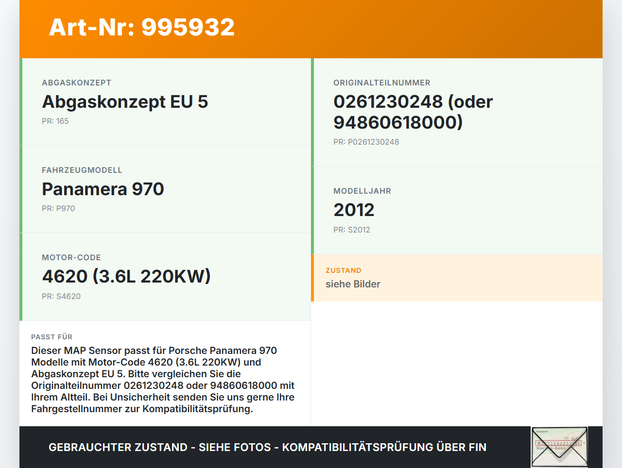 Porsche Panamera 970 10-16 3,6 220KW Luftdruck MAP Sensor Saugrohrdrucksensor Porsche Panamera 970 10-16 19.08.2011... Vorschau 3