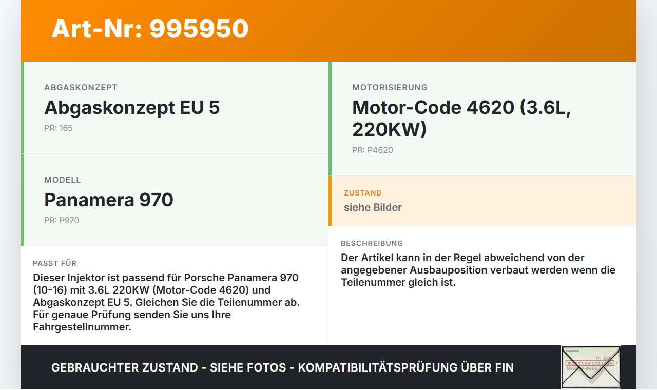 Porsche Panamera 970 10-16 3,6 220KW Injektor Einspritzdüse Kraftstoffdüse Porsche Panamera 970 10-16 19.08.2011... Vorschau 3
