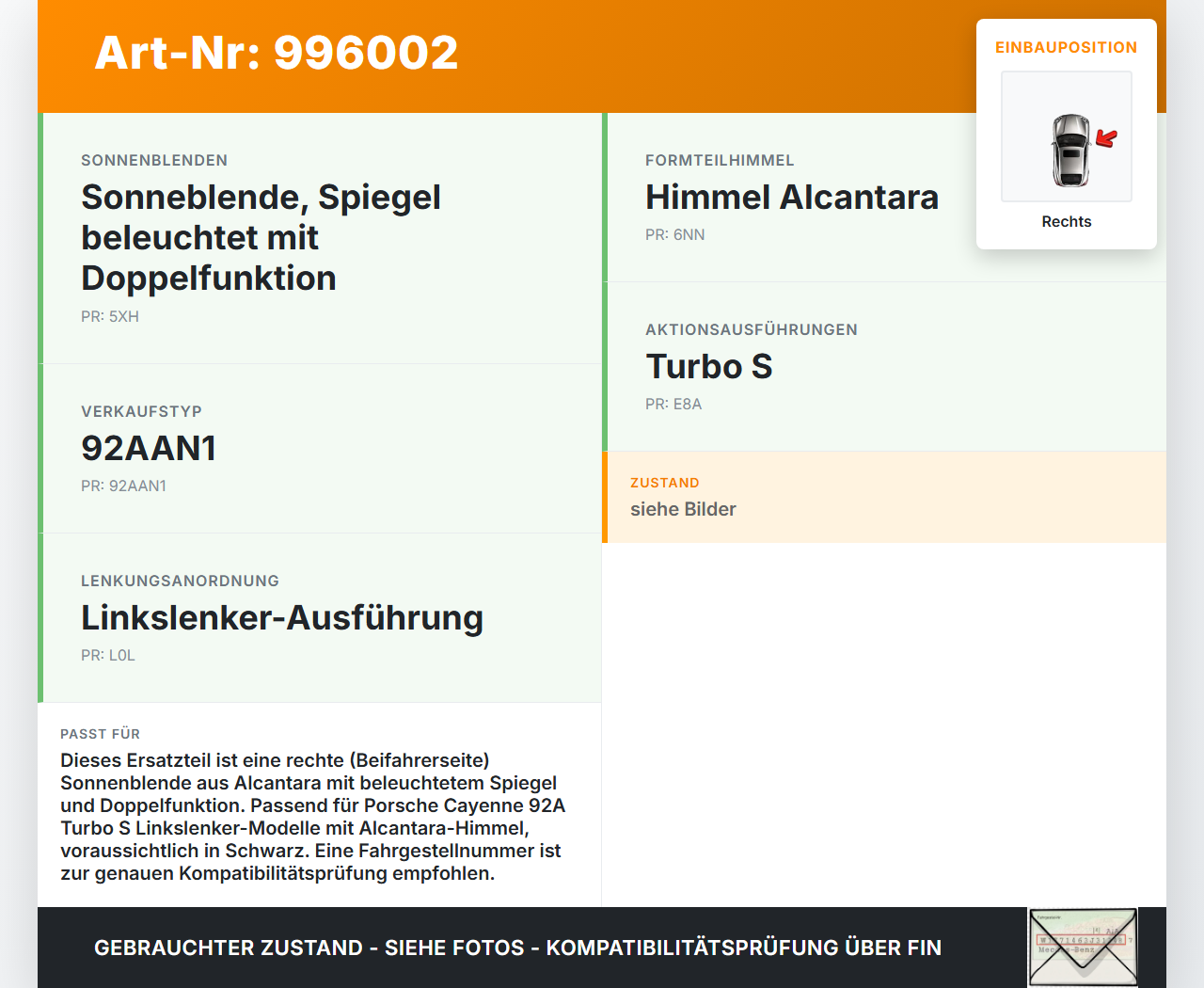 Porsche Cayenne 92A Turbo S Sonnenblende Rechts für Beifahrer Alcantara Porsche Cayenne 92A Turbo S 20.06.2014... Vorschau 3