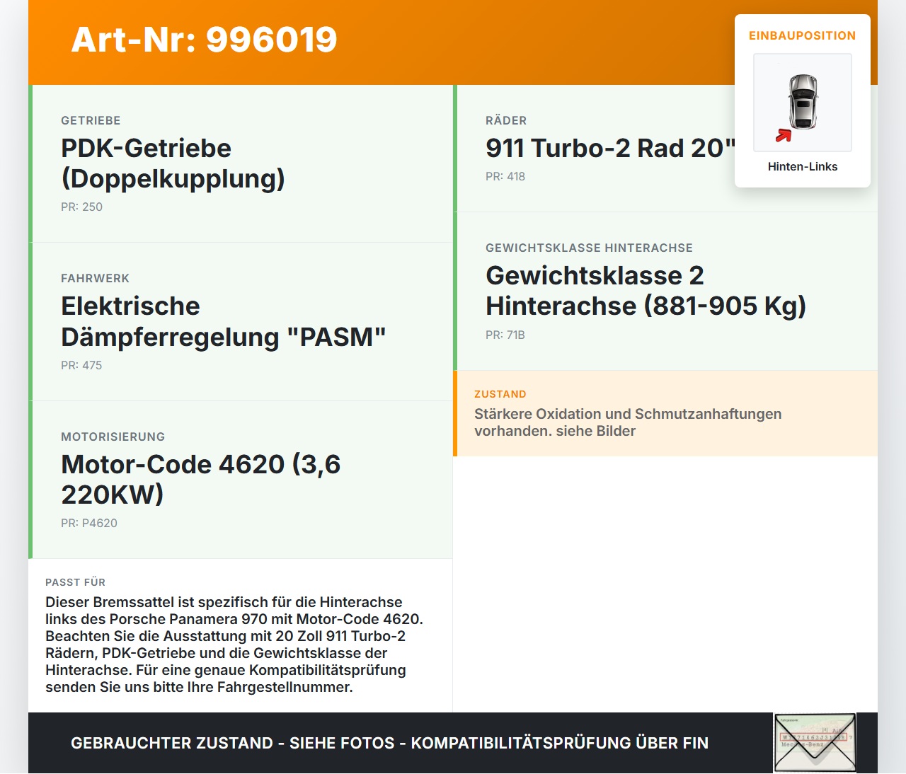 Porsche Panamera 970 10-16 3,6 220KW Bremssattel Bremszange Hinten Links Porsche Panamera 970 10-16 19.08.2011... Vorschau 3
