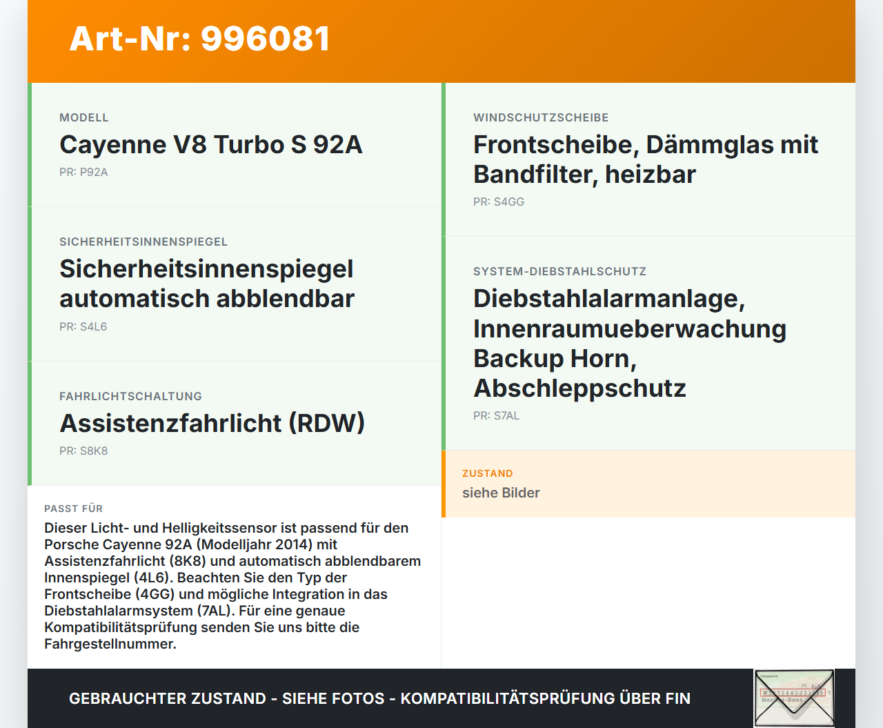 Porsche Cayenne 92A Turbo S Licht Sensor Helligkeitssensor Sensor Porsche Cayenne 92A Turbo S 20.06.2014 7PP907539A... Vorschau 3