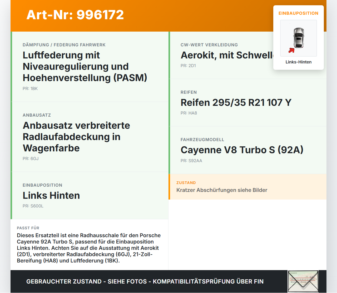 Porsche Cayenne 92A Turbo S Radhausschale Verkleidung Radlauf für Kotflügel Links Hinten Porsche Cayenne 92A Turbo... Vorschau 3