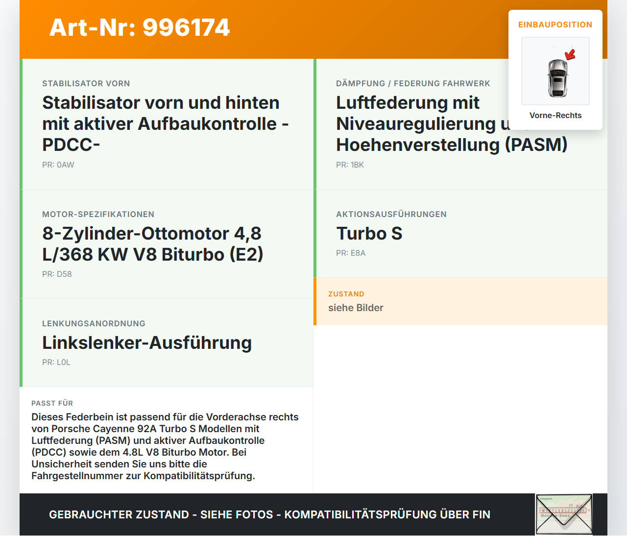 Porsche Cayenne 92A Turbo S Federbein Stossdämpfer Vorne Rechts Porsche Cayenne 92A Turbo S 20.06.2014 95835804020... Vorschau 3