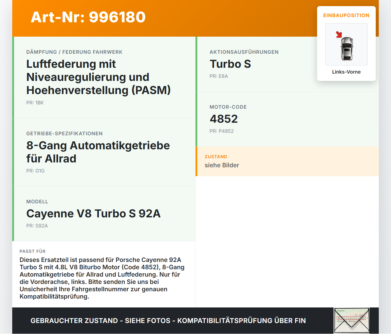 Porsche Cayenne 92A Turbo S 4,8 405KW Autom 4WD Antriebswelle Gelenkwelle Links Vorne Porsche Cayenne 92A Turbo S... Vorschau 3