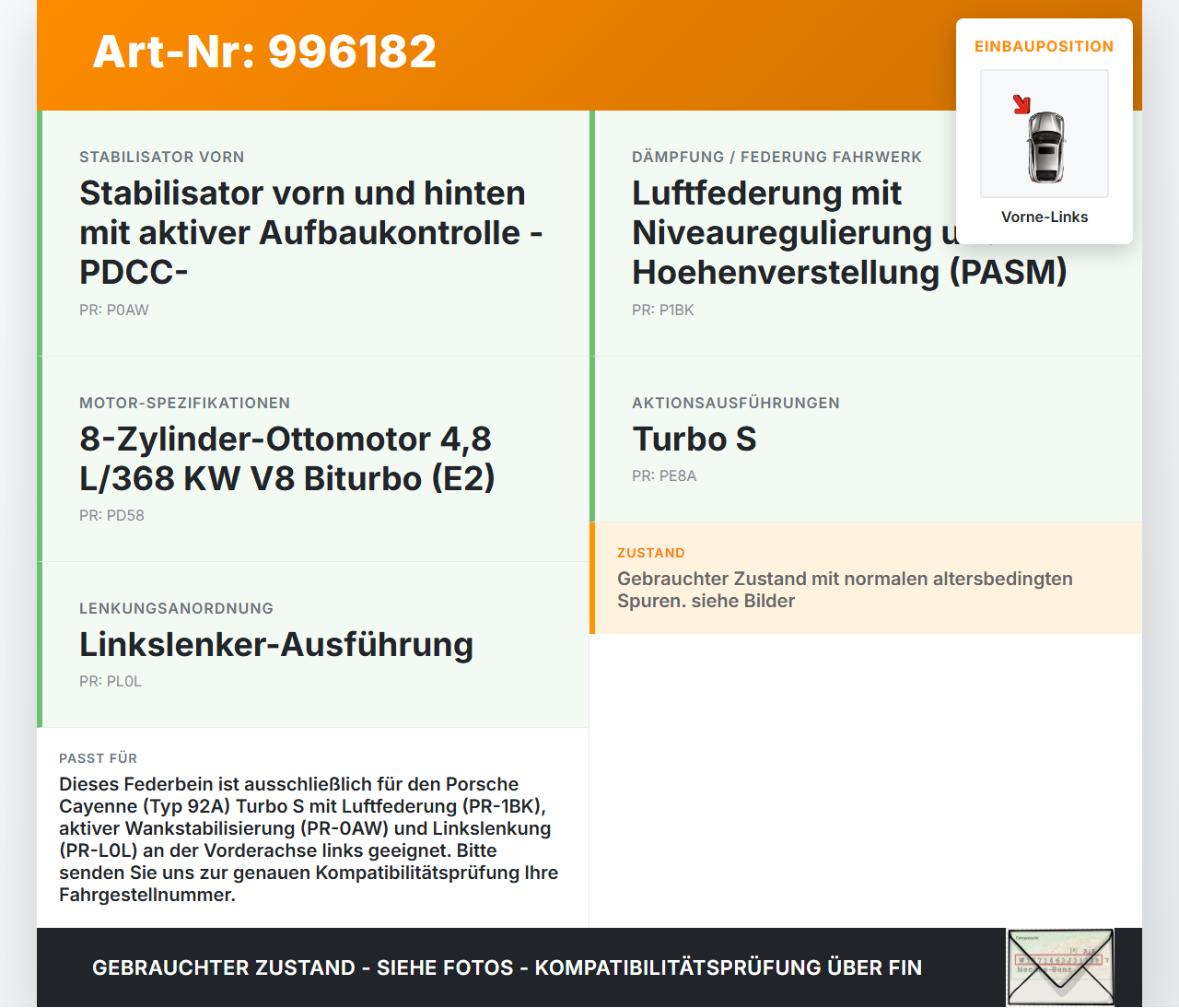 Porsche Cayenne 92A Turbo S Federbein Stossdämpfer Vorne Links Porsche Cayenne 92A Turbo S 20.06.2014 95835803920... Vorschau 3