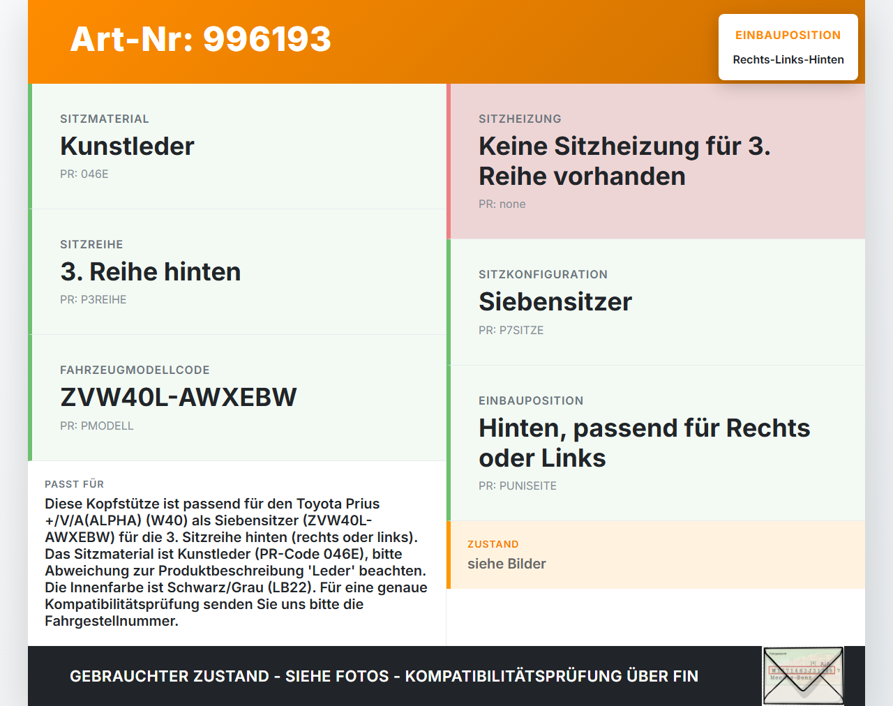 Toyota Prius + Plus W40 Kopfstütze Rechts oder Links Hinten 3te Reihe Leder Toyota Prius + Plus W40 15.11.2015... Vorschau 3
