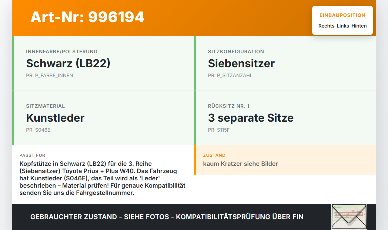 Toyota Prius + Plus W40 Kopfstütze Rechts oder Links Hinten 3te Reihe Leder Toyota Prius + Plus W40 15.11.2015... Vorschau 3