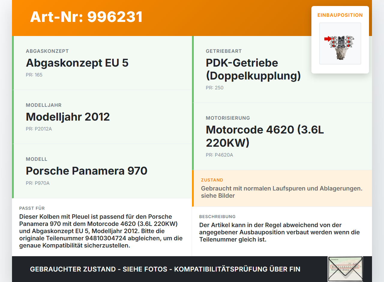 Porsche Panamera 970 10-16 3,6 220KW 46.20 Kolben mit Pleuel Pos E 4-6 Porsche Panamera 970 10-16 19.08.2011... Vorschau 3