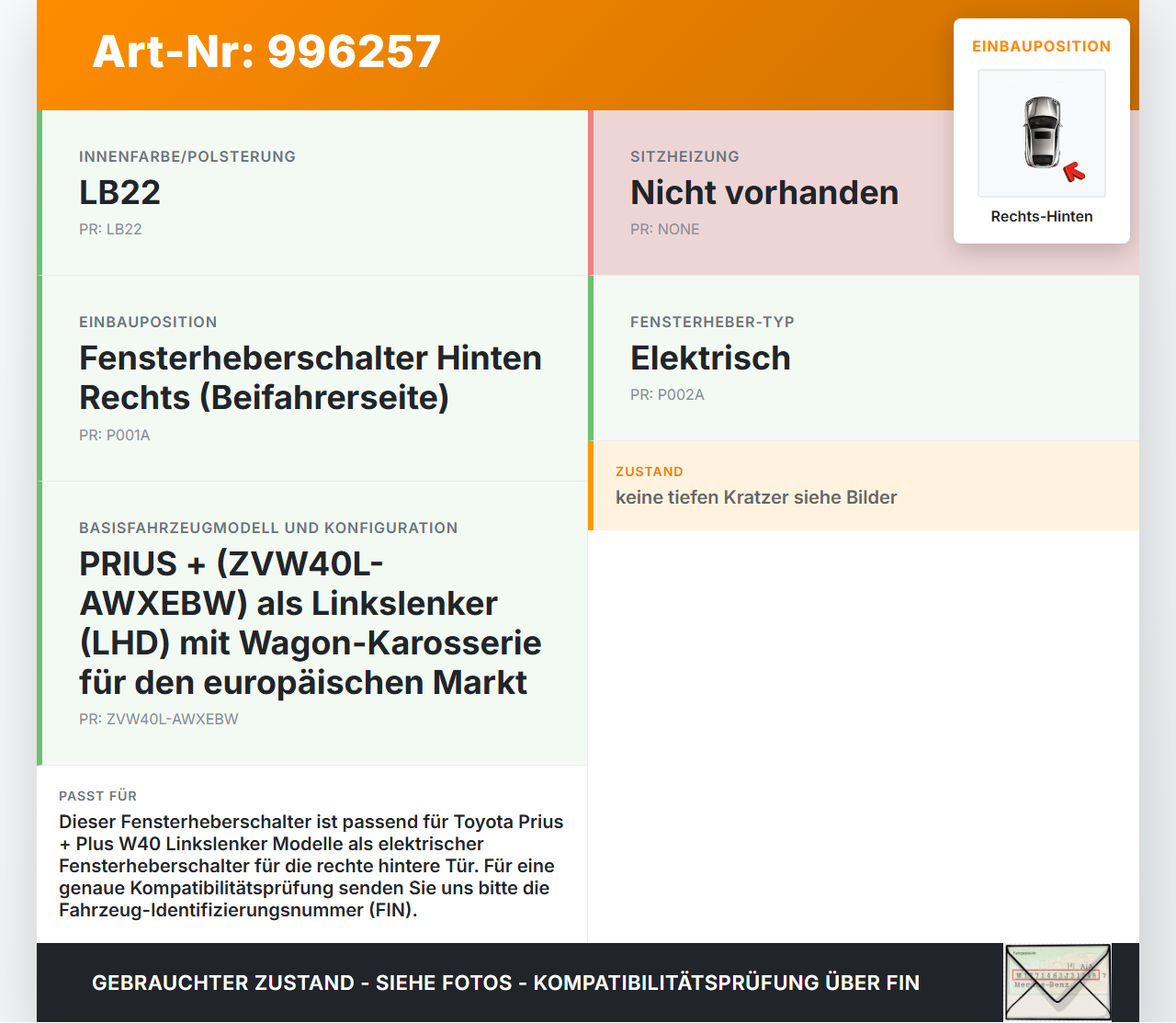 Toyota Prius + Plus W40 Fensterheberschalter Rechts Hinten Toyota Prius + Plus W40 15.11.2015 192801 gebraucht Vorschau 3