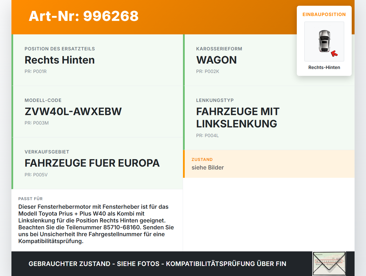 Toyota Prius + Plus W40 Kombi Fensterhebermotor mit Fensterheber Rechts Hinten Toyota Prius + Plus W40 15.11.2015... Vorschau 3