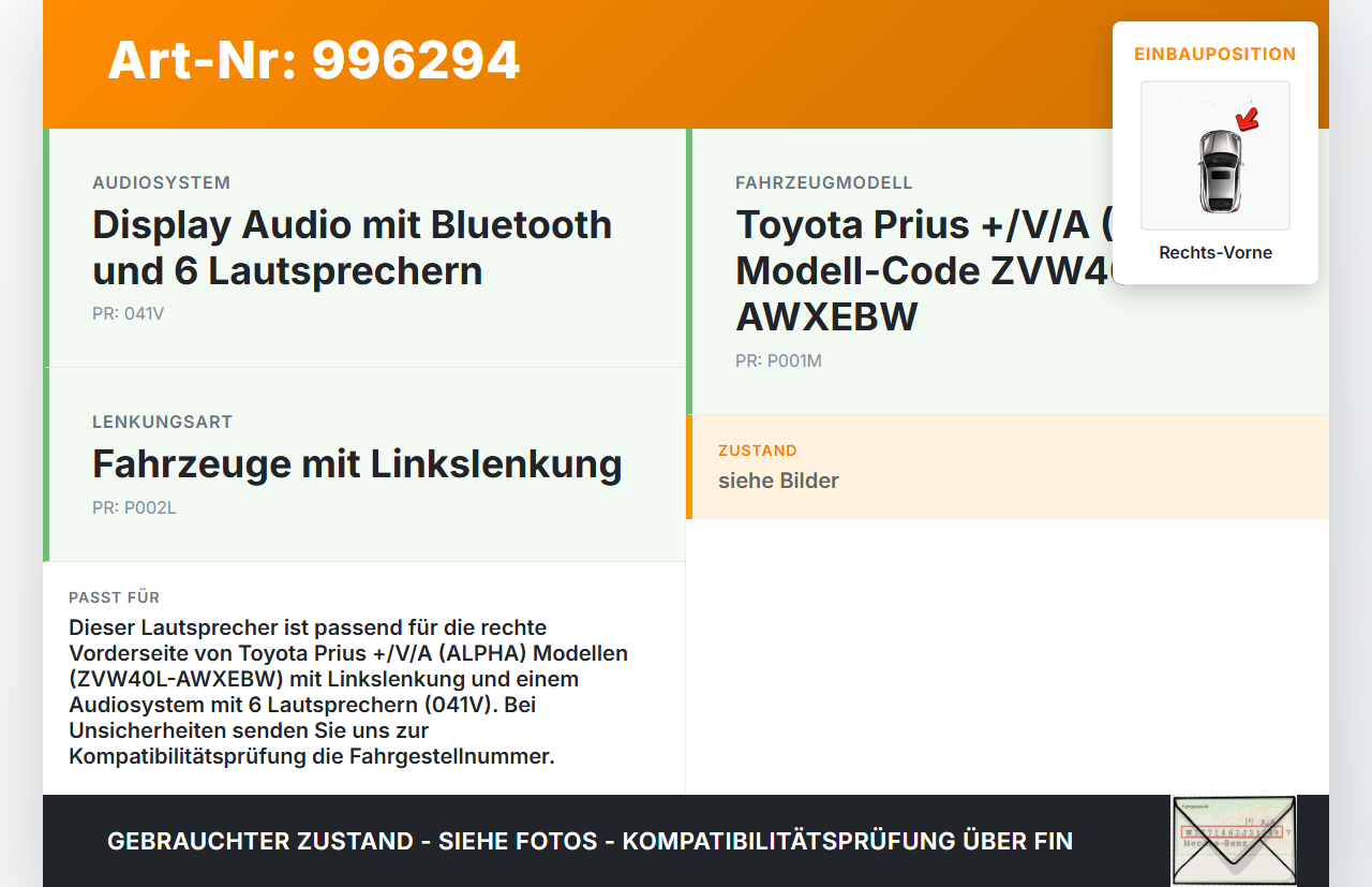Toyota Prius + Plus W40 Lautsprecher Rechts Vorne Toyota Prius + Plus W40 15.11.2015 86160-68040 gebraucht Vorschau 3
