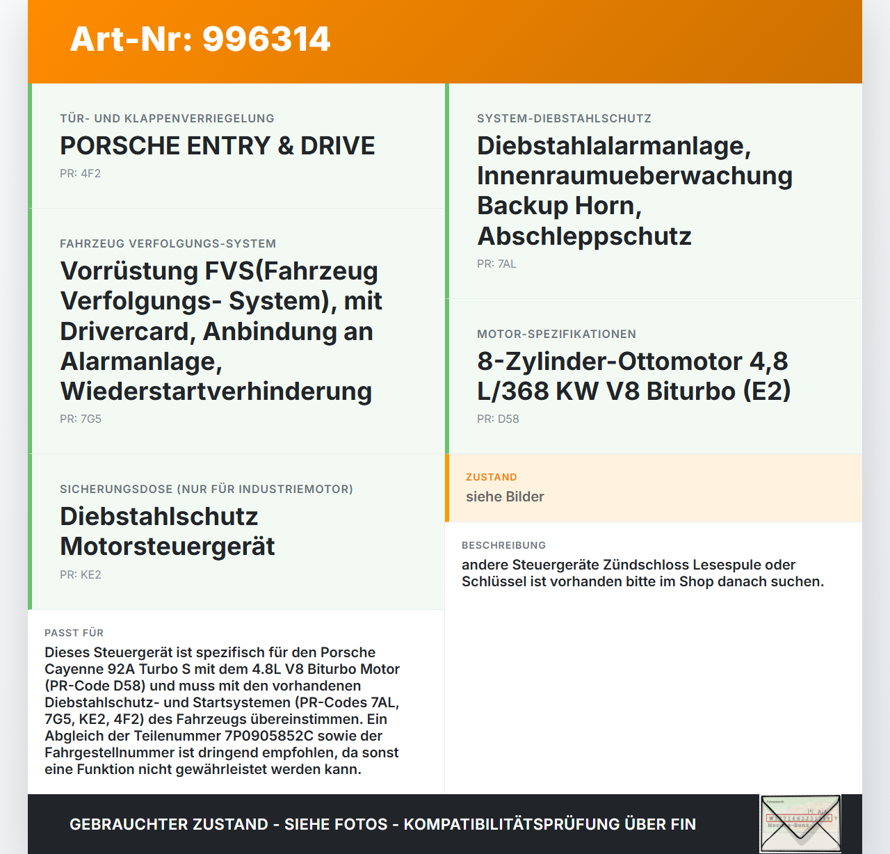 Porsche Cayenne 92A Turbo S 4,8 405KW Wegfahrsperre ECU Steuergerät Porsche Cayenne 92A Turbo S 20.06.2014... Vorschau 3