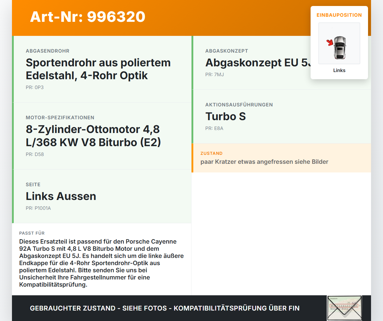 Porsche Cayenne 92A Turbo S 4,8 405KW Endkappe Endrohr für Auspuff Links Aussen Porsche Cayenne 92A Turbo S... Vorschau 3