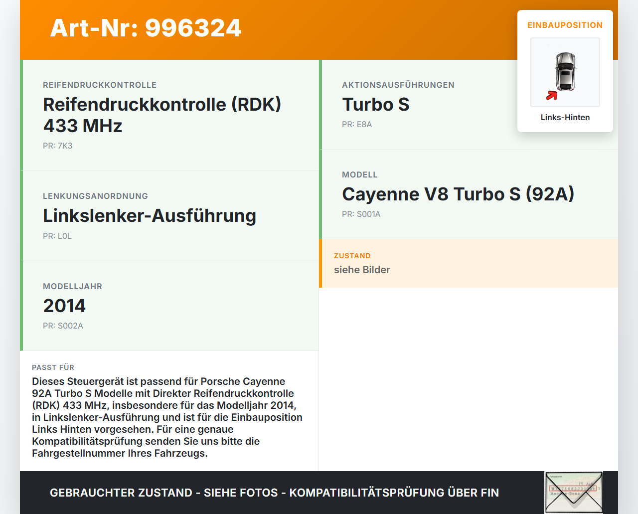 Porsche Cayenne 92A Turbo S Steuergerät ECU Modul Reifendruckkontrolle Direkt-Trigger Links Hinten Porsche Cayenne... Vorschau 3