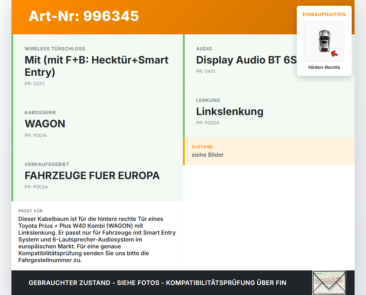 Toyota Prius + Plus W40 Kombi Kabelbaum Leitungssatz für Tür und Fensterheber Hinten Rechts Toyota Prius + Plus W40... Vorschau 3