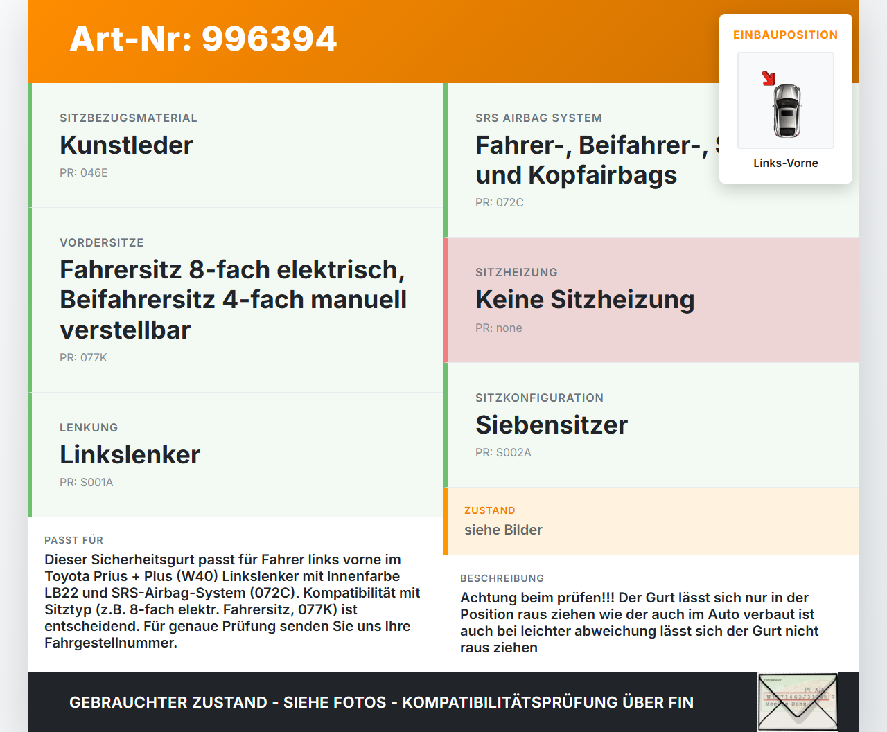 Toyota Prius + Plus W40 Kombi Gurt Sicherheitsgurt m. Gurtstraffer für Fahrer Links Vorne Toyota Prius + Plus W40... Vorschau 3