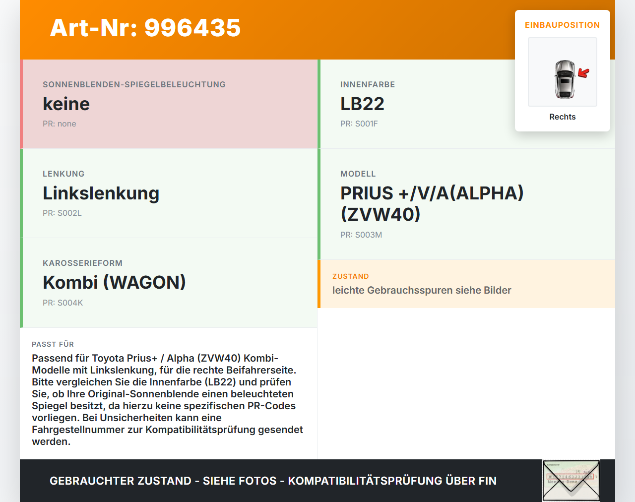 Toyota Prius + Plus W40 Sonnenblende Rechts für Beifahrer Toyota Prius + Plus W40 15.11.2015 7431047320B0 gebraucht Vorschau 3