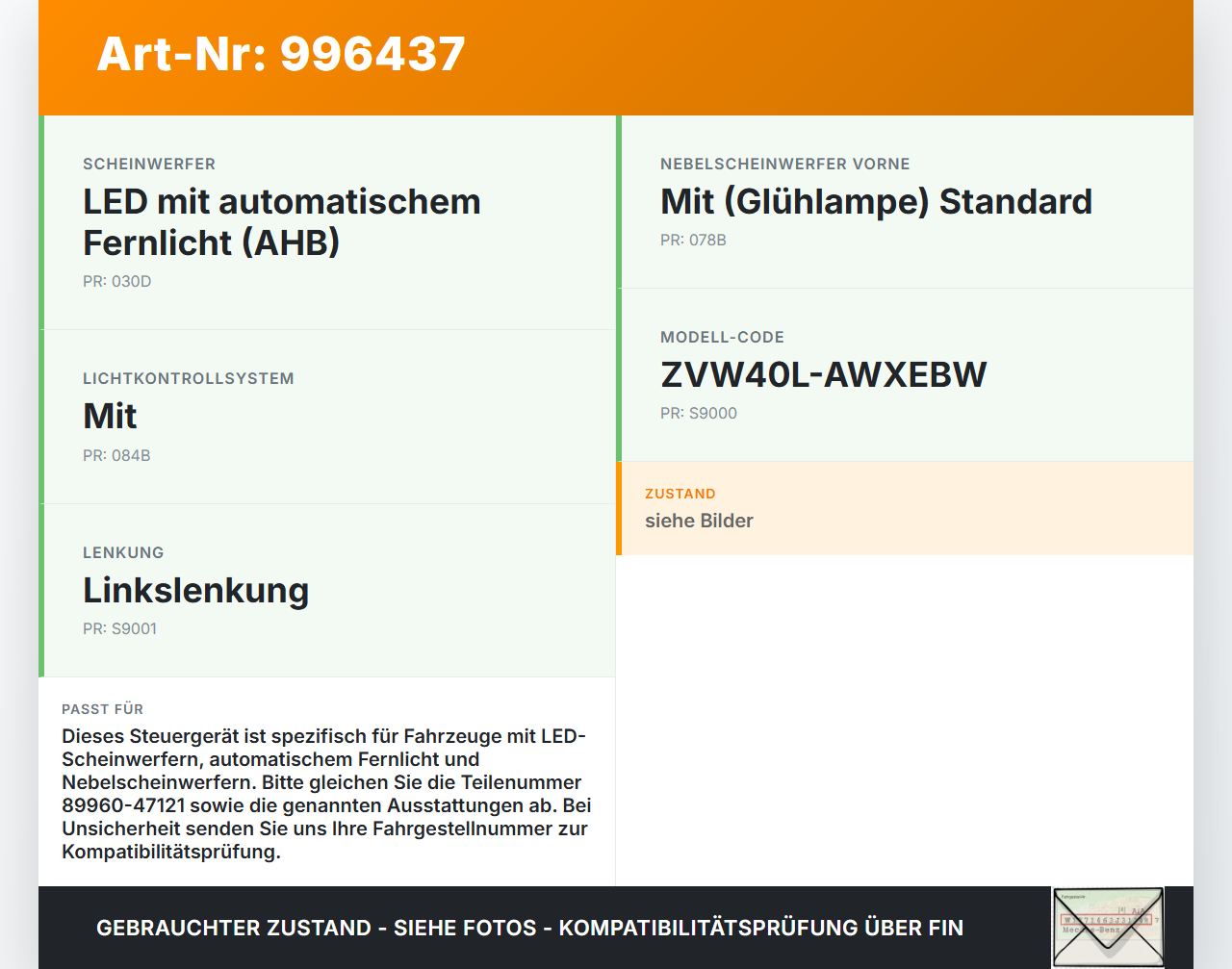 Toyota Prius + Plus W40 Steuergerät ECU Licht Kontrolle Toyota Prius + Plus W40 15.11.2015 89960-47121 gebraucht Vorschau 3