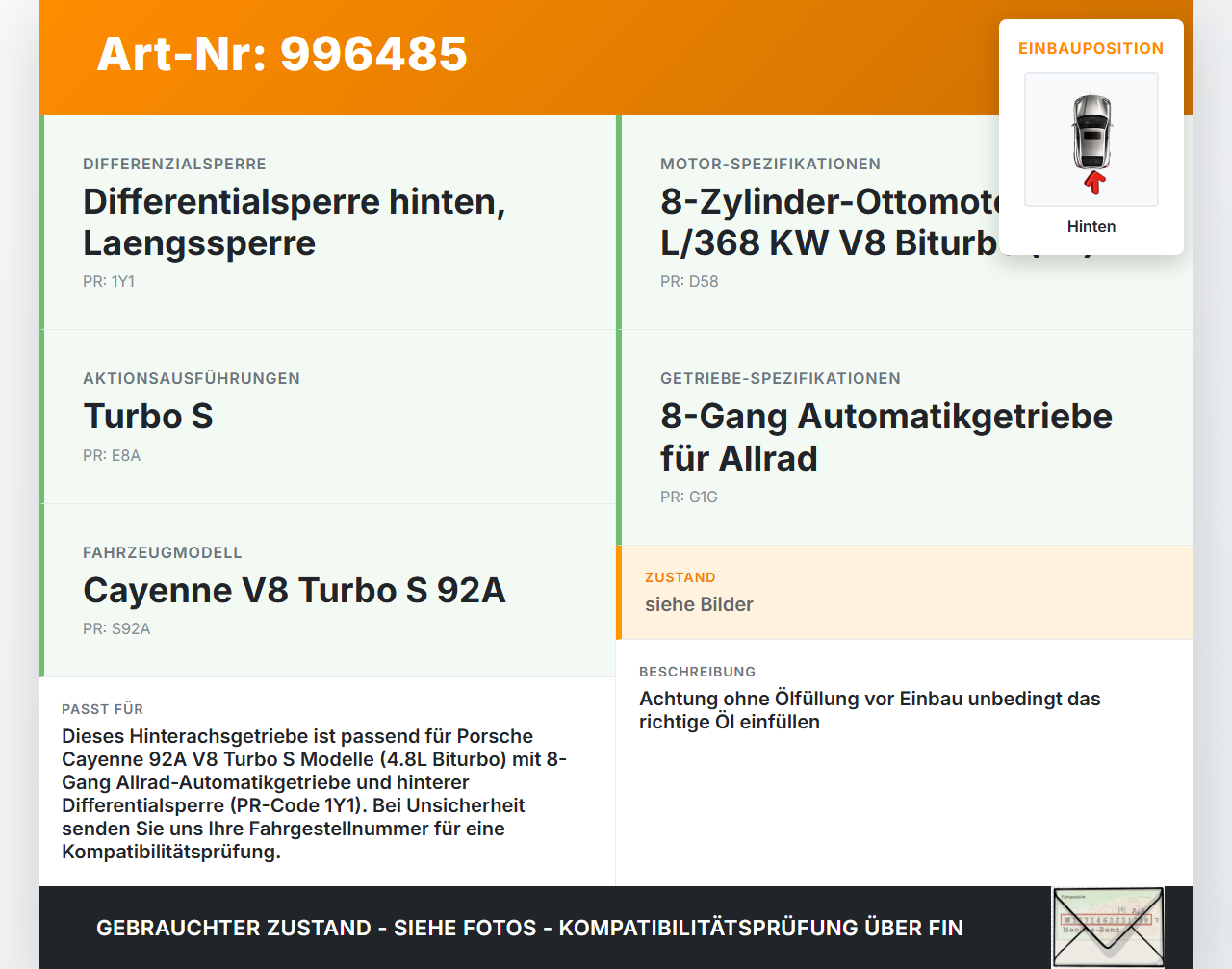 Porsche Cayenne 92A Turbo S 4,8 405KW 4WD Differential Hinterachsgetriebe Hinten Porsche Cayenne 92A Turbo S... Vorschau 3