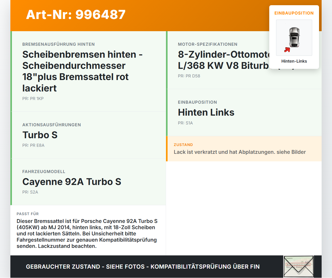 Porsche Cayenne 92A Turbo S 4,8 405KW Bremssattel Bremszange Hinten Links Porsche Cayenne 92A Turbo S 20.06.2014... Vorschau 3