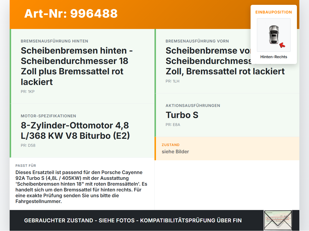 Porsche Cayenne 92A Turbo S 4,8 405KW Bremssattel Bremszange Hinten Rechts Porsche Cayenne 92A Turbo S 20.06.2014... Vorschau 3