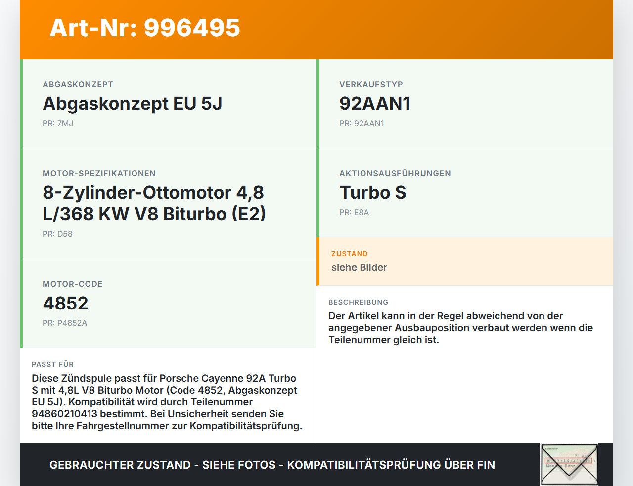 Porsche Cayenne 92A Turbo S 4,8 405KW Zündspule Zyl.3 Porsche Cayenne 92A Turbo S 20.06.2014 94860210410... Vorschau 3
