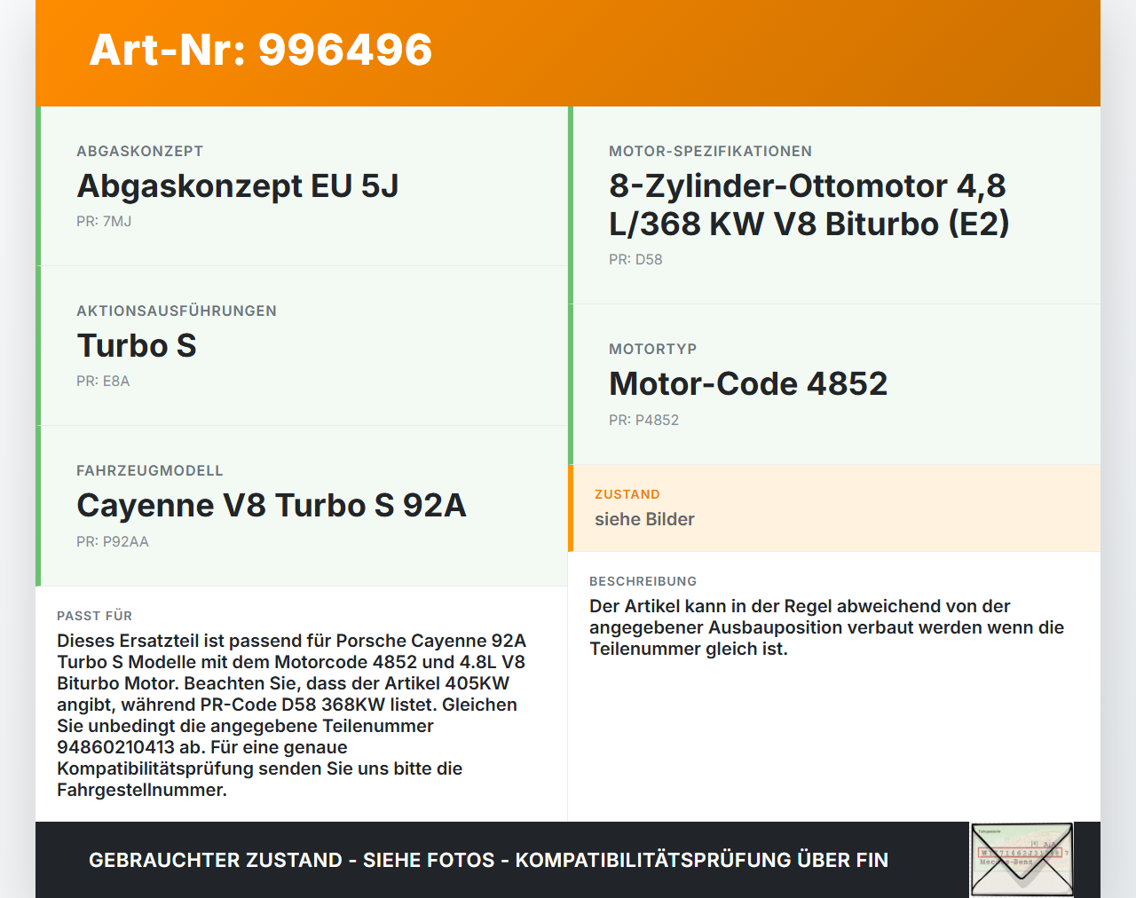 Porsche Cayenne 92A Turbo S 4,8 405KW Zündspule Zyl.8 Porsche Cayenne 92A Turbo S 20.06.2014 94860210410... Vorschau 3