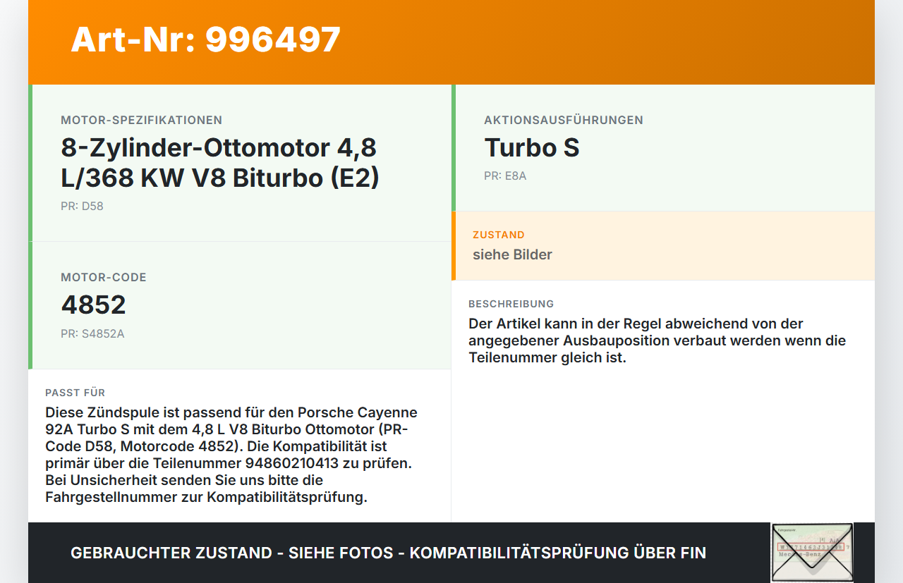 Porsche Cayenne 92A Turbo S 4,8 405KW Zündspule Zyl.6 Porsche Cayenne 92A Turbo S 20.06.2014 94860210410... Vorschau 3