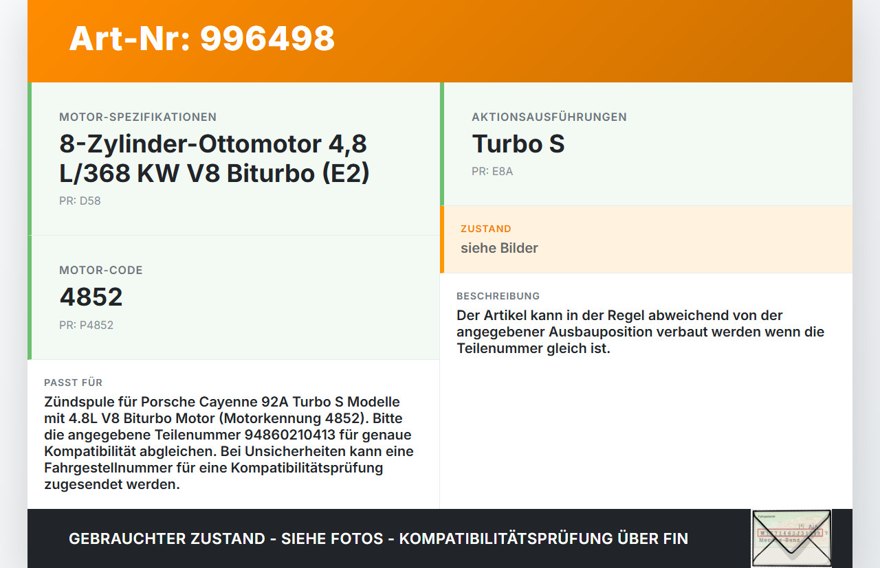 Porsche Cayenne 92A Turbo S 4,8 405KW Zündspule Zyl.5 Porsche Cayenne 92A Turbo S 20.06.2014 94860210410... Vorschau 3