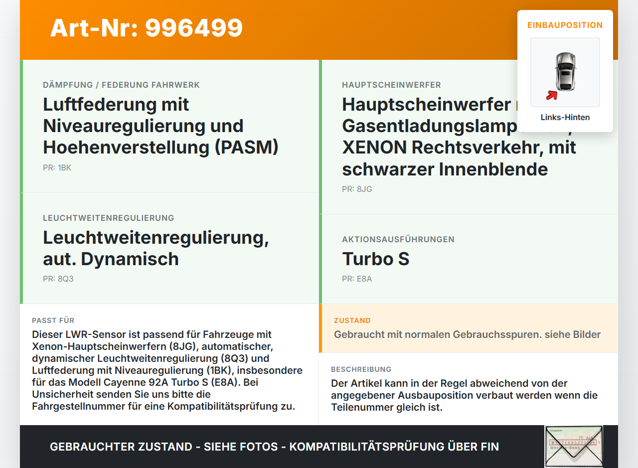 Porsche Cayenne 92A Turbo S Xenon LWR Sensor Neigung Links Hinten Porsche Cayenne 92A Turbo S 20.06.2014... Vorschau 3