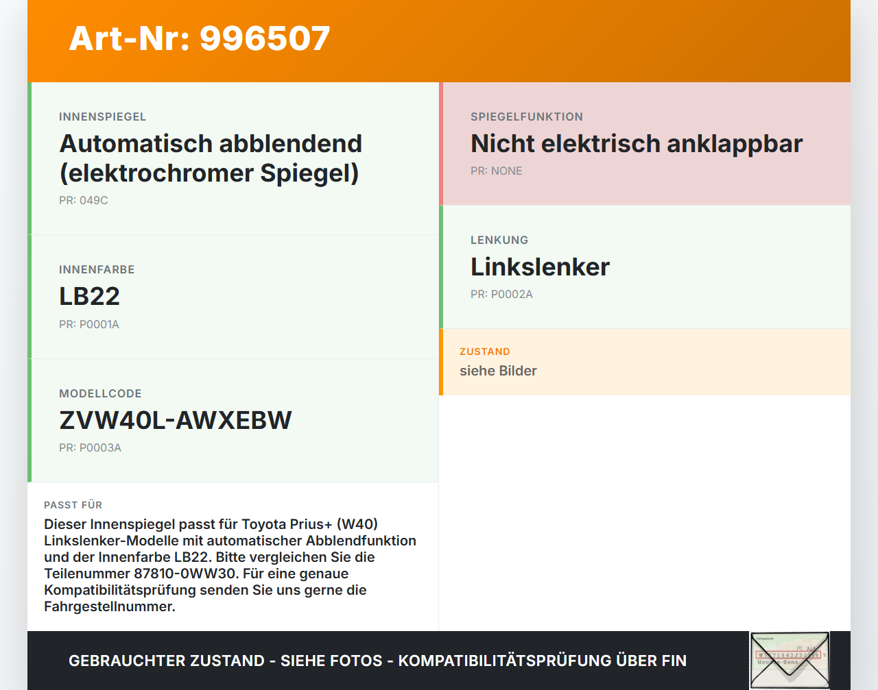 Toyota Prius + Plus W40 Innenspiegel Rückspiegel Spiegel Innen Toyota Prius + Plus W40 15.11.2015 878100WW30... Vorschau 3