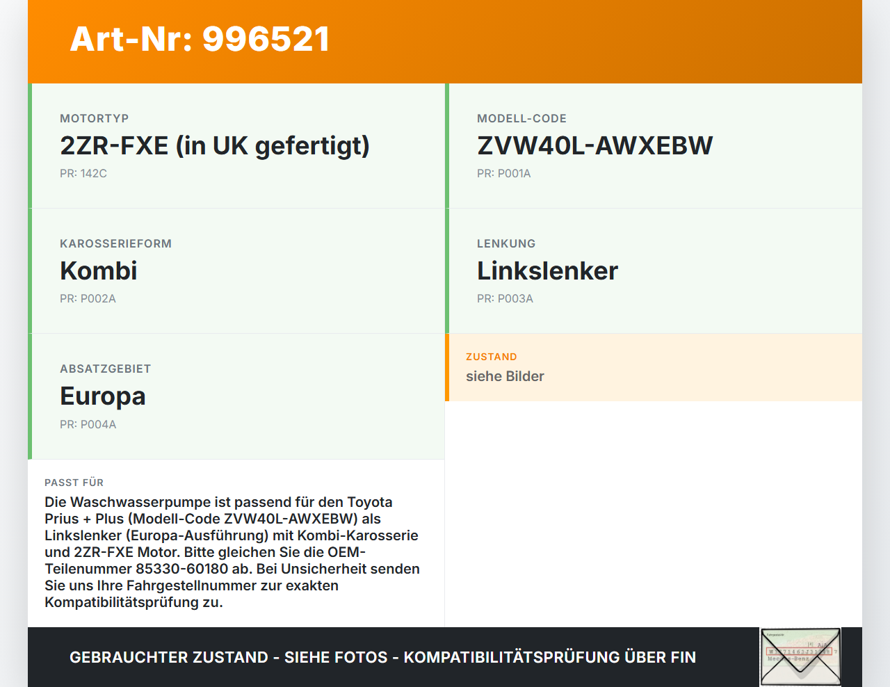 Toyota Prius + Plus W40 Waschwasserpumpe Waschpumpe Toyota Prius + Plus W40 15.11.2015 8533060180 85330-60180... Vorschau 3