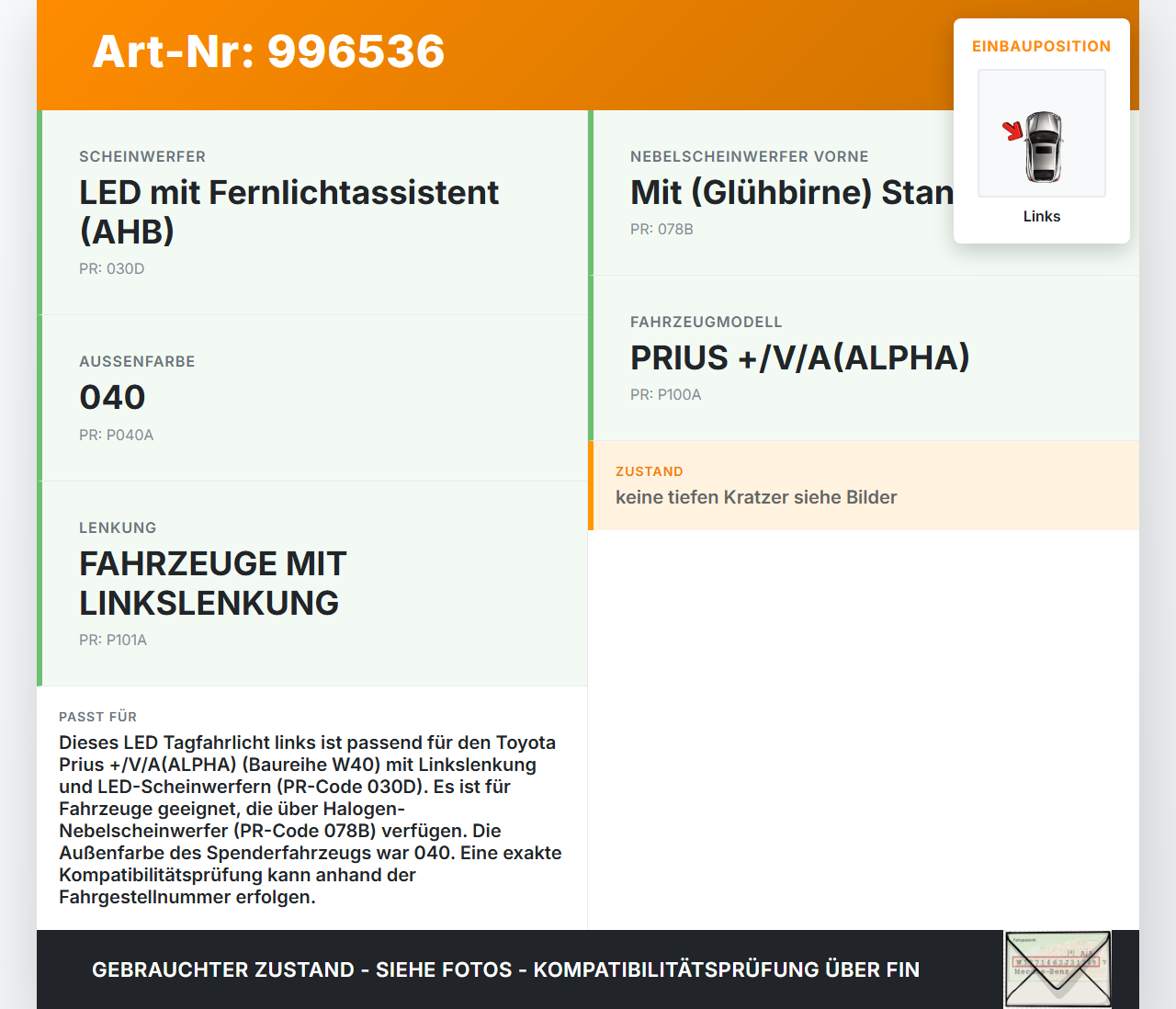 Toyota Prius + Plus W40 LED Tagfahrlicht Tagfahrleuchte Links Toyota Prius + Plus W40 15.11.2015 gebraucht Vorschau 3