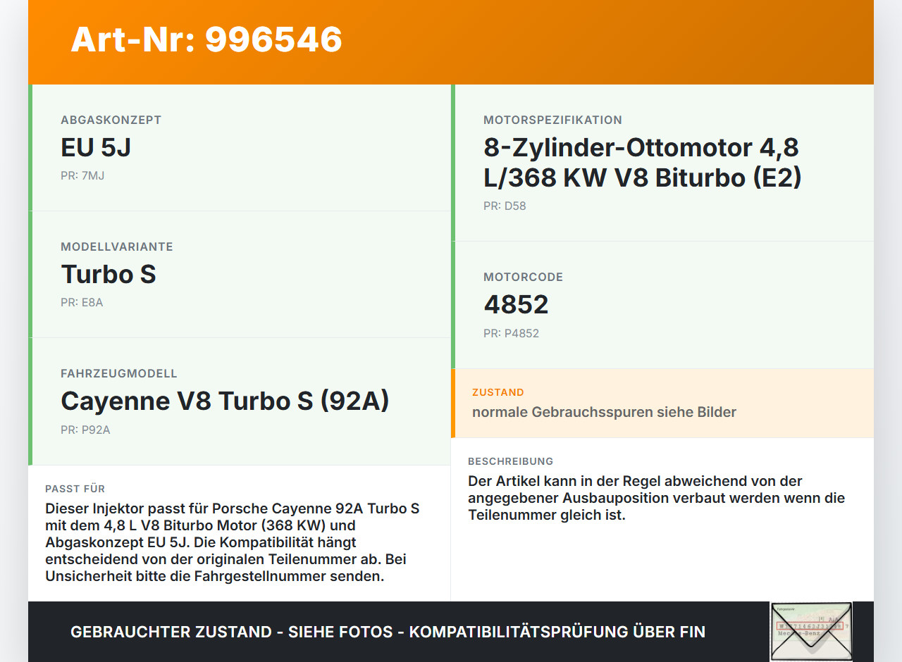 Porsche Cayenne 92A Turbo S 4,8 405KW Injektor Einspritzdüse Zyl.5 Porsche Cayenne 92A Turbo S 20.06.2014... Vorschau 3