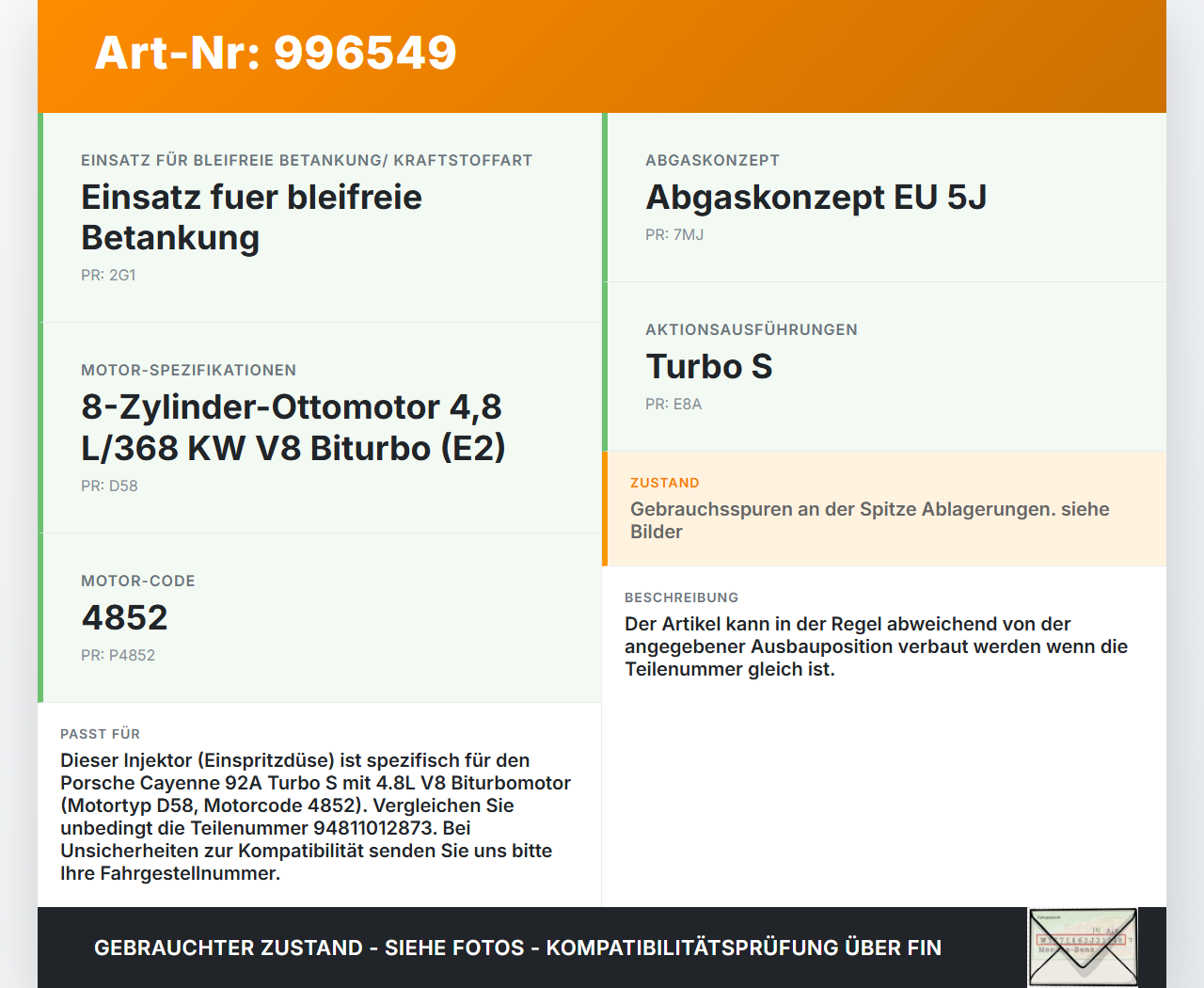Porsche Cayenne 92A Turbo S 4,8 405KW Injektor Einspritzdüse Zyl.7 Porsche Cayenne 92A Turbo S 20.06.2014... Vorschau 3