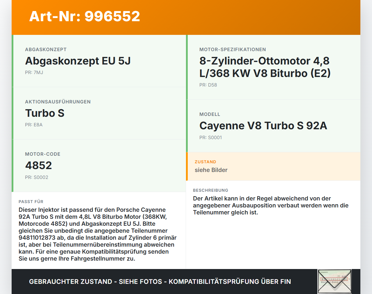 Porsche Cayenne 92A Turbo S 4,8 405KW Injektor Einspritzdüse Zyl.6 Porsche Cayenne 92A Turbo S 20.06.2014... Vorschau 3