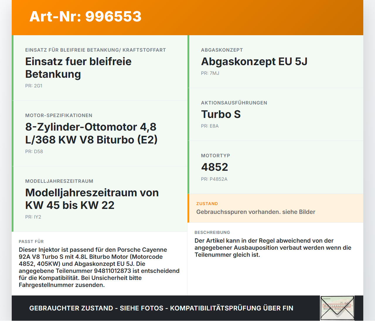 Porsche Cayenne 92A Turbo S 4,8 405KW Injektor Einspritzdüse Zyl.8 Porsche Cayenne 92A Turbo S 20.06.2014... Vorschau 3