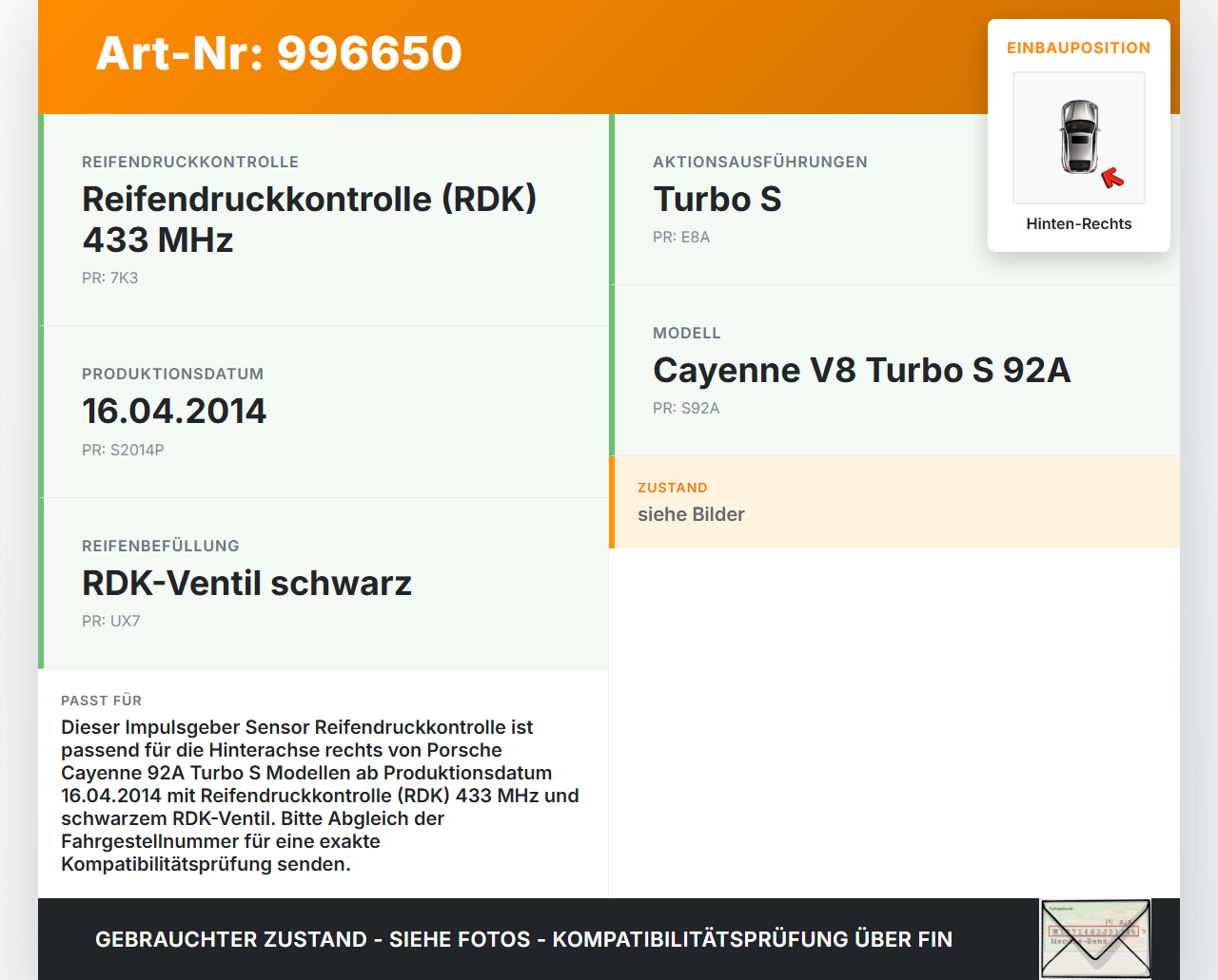Porsche Cayenne 92A Turbo S Impulsgeber Sensor Reifendruckkontrolle Hinten Rechts Porsche Cayenne 92A Turbo S... Vorschau 3